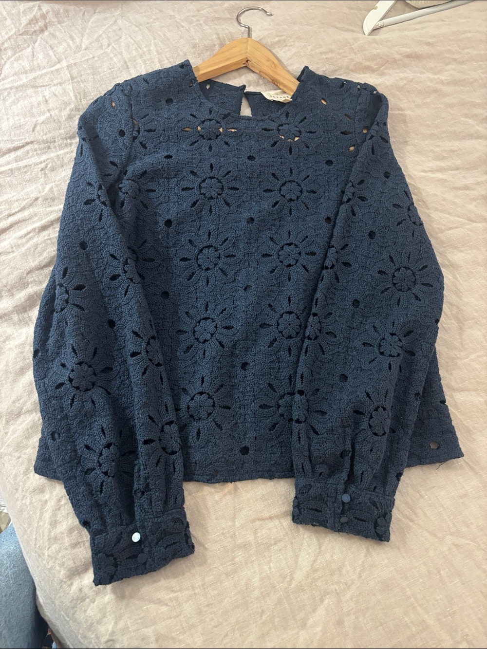 Sezane Navy Floral Eyelet Lace Blouse